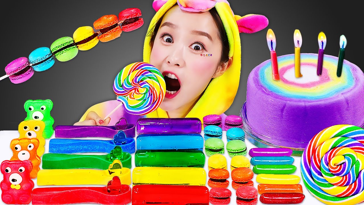 🌈ASMR Rainbow desserts Mukbang 🌈무지개 디저트 먹방 솜사탕 케이크, 미니 마카롱먹방 JiniYum 지니얌