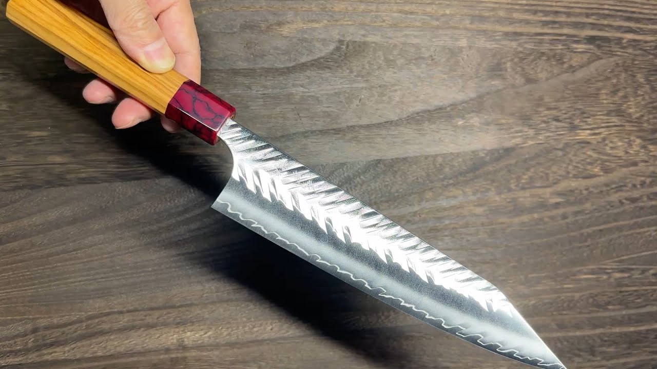 Yoshimi Kato SPG-STRIX V-Hammered Kengata-Gyuto Knife 210mm with Olive Handle [Red Turquoise]