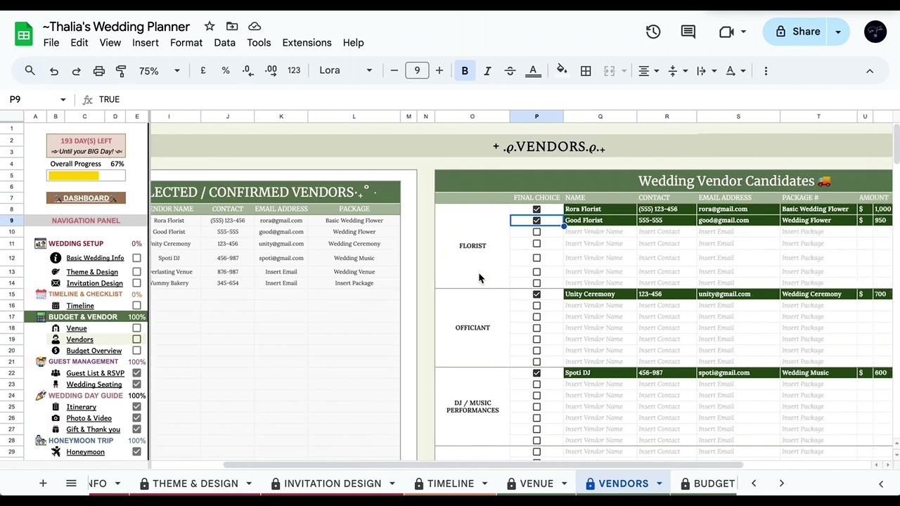 Thalia’s Wedding Planning Template | Vendors | Track & Manage Your Wedding Service Providers