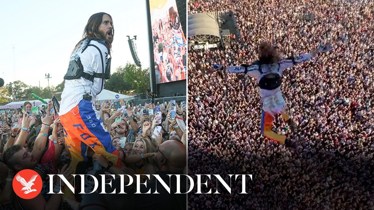 Jared Leto bungee jumps onto music festival stage in Texas YouTube