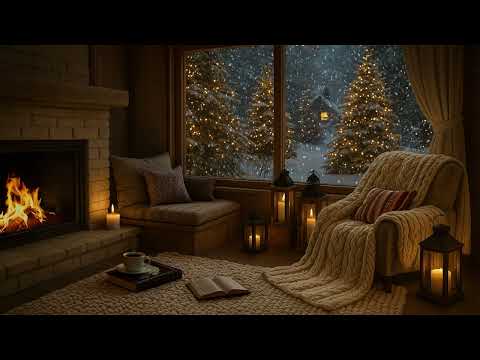 Cozy Winter Cabin Fireplace Ambience ❄️ | Snowfall, Crackling Fire & Peaceful Lights