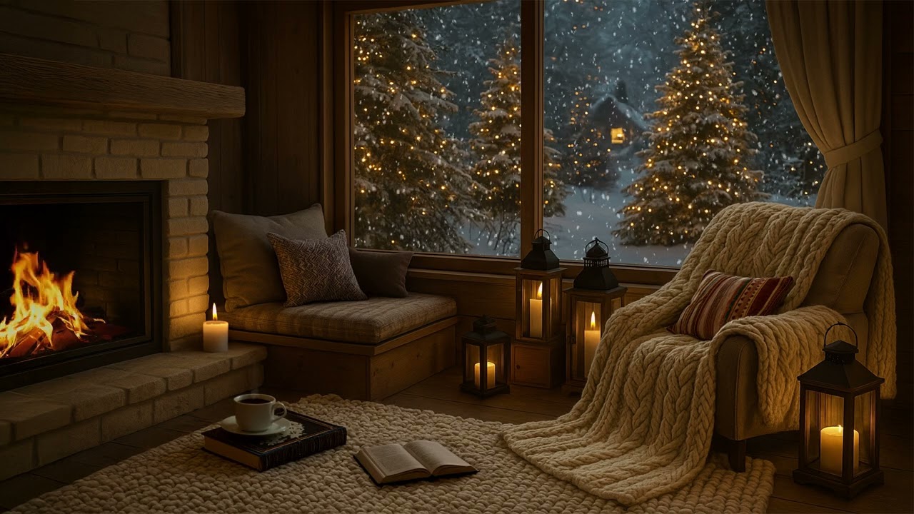 Cozy Winter Cabin Fireplace Ambience ❄️ | Snowfall, Crackling Fire & Peaceful Lights