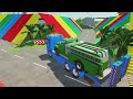 Triple flatbed trailer McQueen transportation with truck speedbumps vs car vs tractor -BeamNG #2