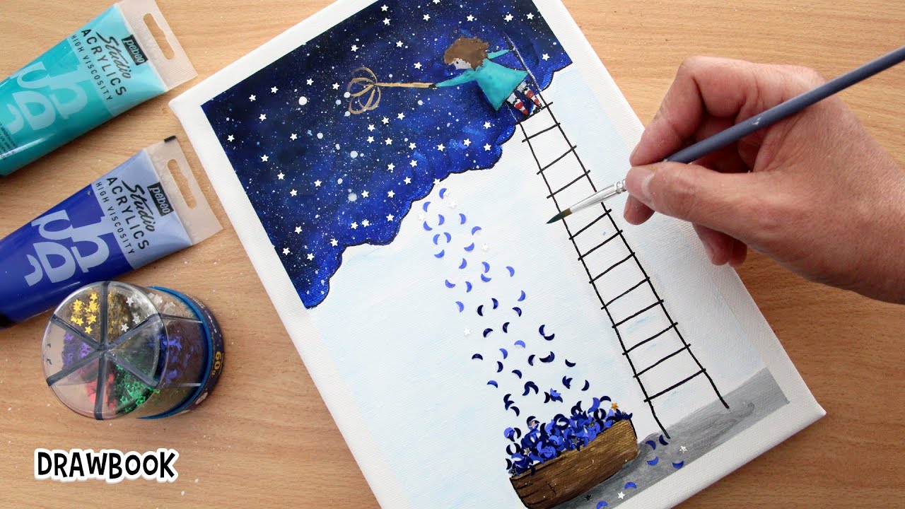 Girl Lowering Stars from the Sky - Acrylic Painting for Beginners #001 - Drawbook