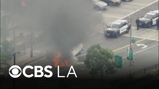Stolen box truck catches on fire after police pursuit in Los Angeles