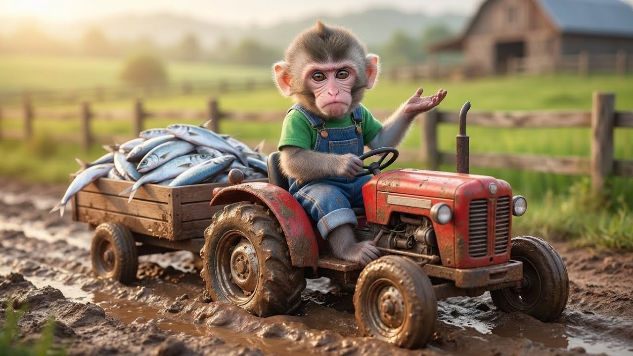 Baby Monkey’s Fish Load Gets Stuck in the Mud! Tractor Trouble on the Farm 🐒🚜🐟