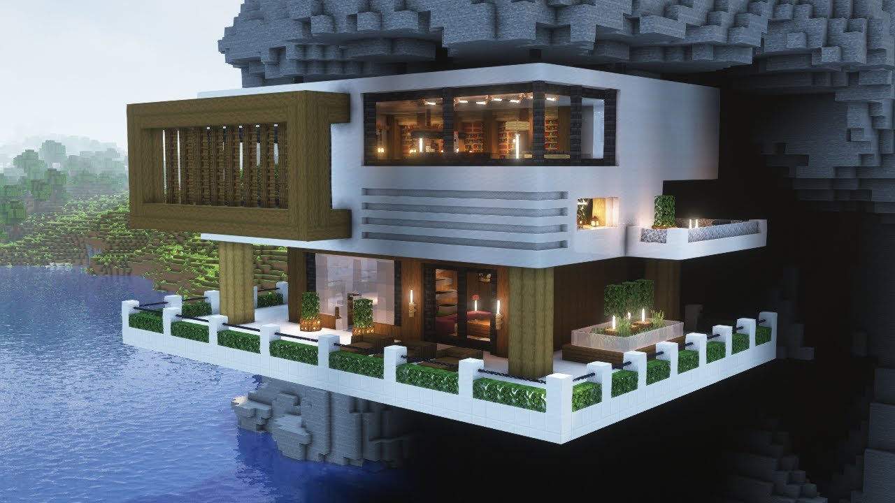 【Tutorial】Modern House Under the Hill / 崖につるされたモダンハウス【現代建築 / Minecraft ...