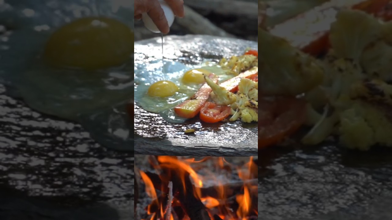Cooking Forest Breakfast on Stone. 