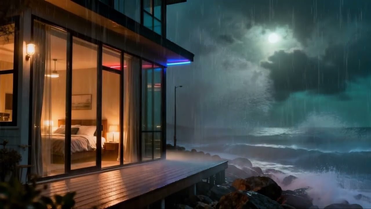 Contemporary Bedroom by the Seashore | 8 Hours of Sleep & Relaxation | Rain and Ocean Waves