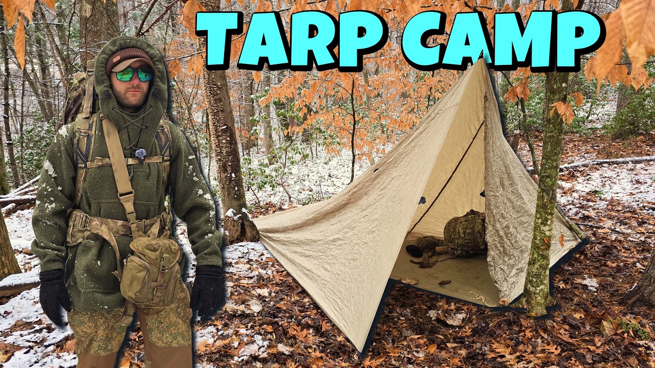 Зимний лагерь в закрытом навесе из брезента | Снег и ледяной дождь