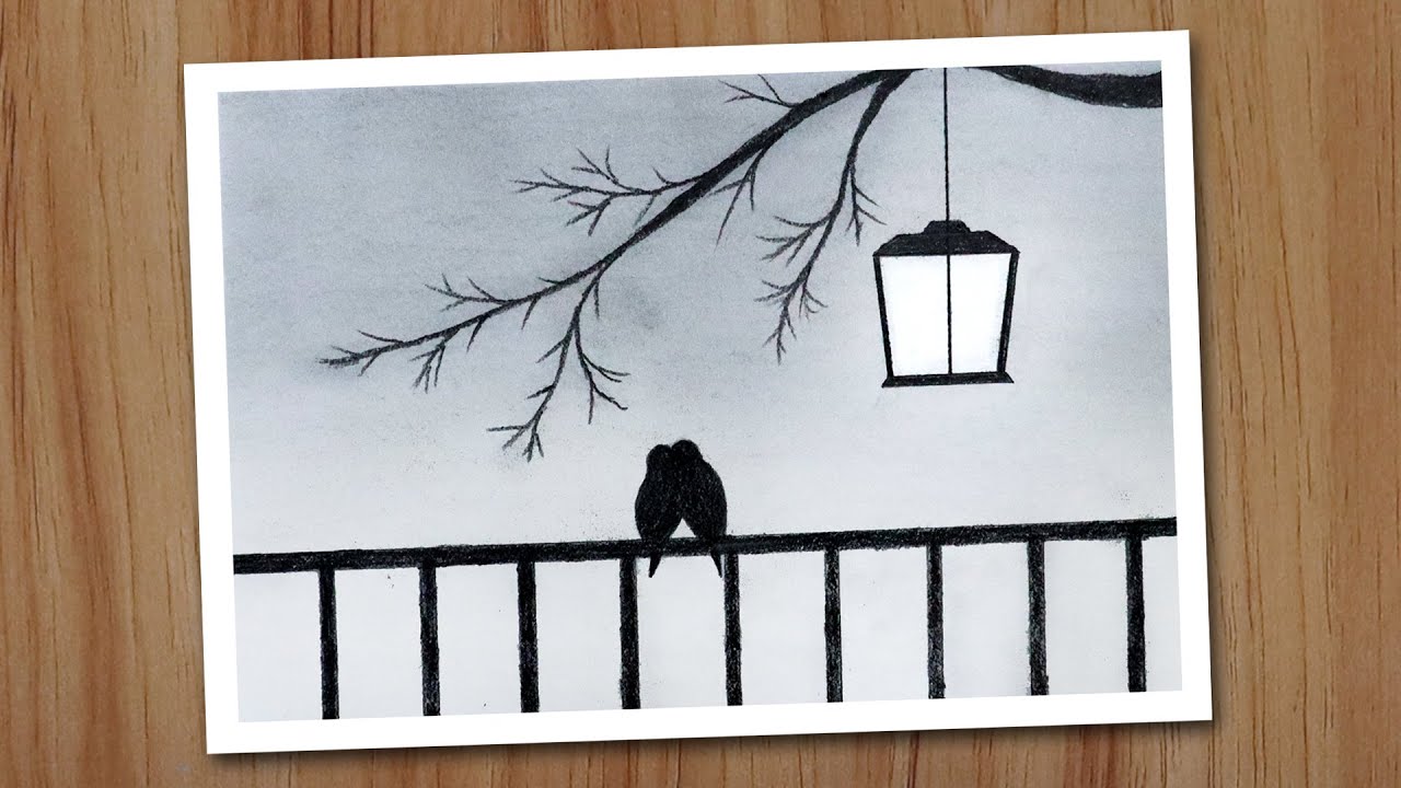 How to draw love birds scenery with pencil, Pencil drawing for ...