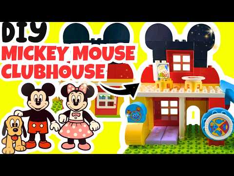 YouTube thumbnail: Disney Junior MICKEY MOUSE Clubhouse Toys! DIY Clubhouse Playset Build with Mickey, Minnie, Pluto
