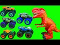 Monster Trucks HOT WHEELS VS Dinosaur T-REX - VERSUS BATTLE Video about cars High-speed springboard