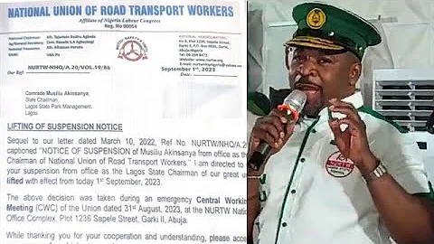 NURTW LIFT SUSPENSION ON MC OLUOMO SPEECH AS HE RETURNS TO OFFICE