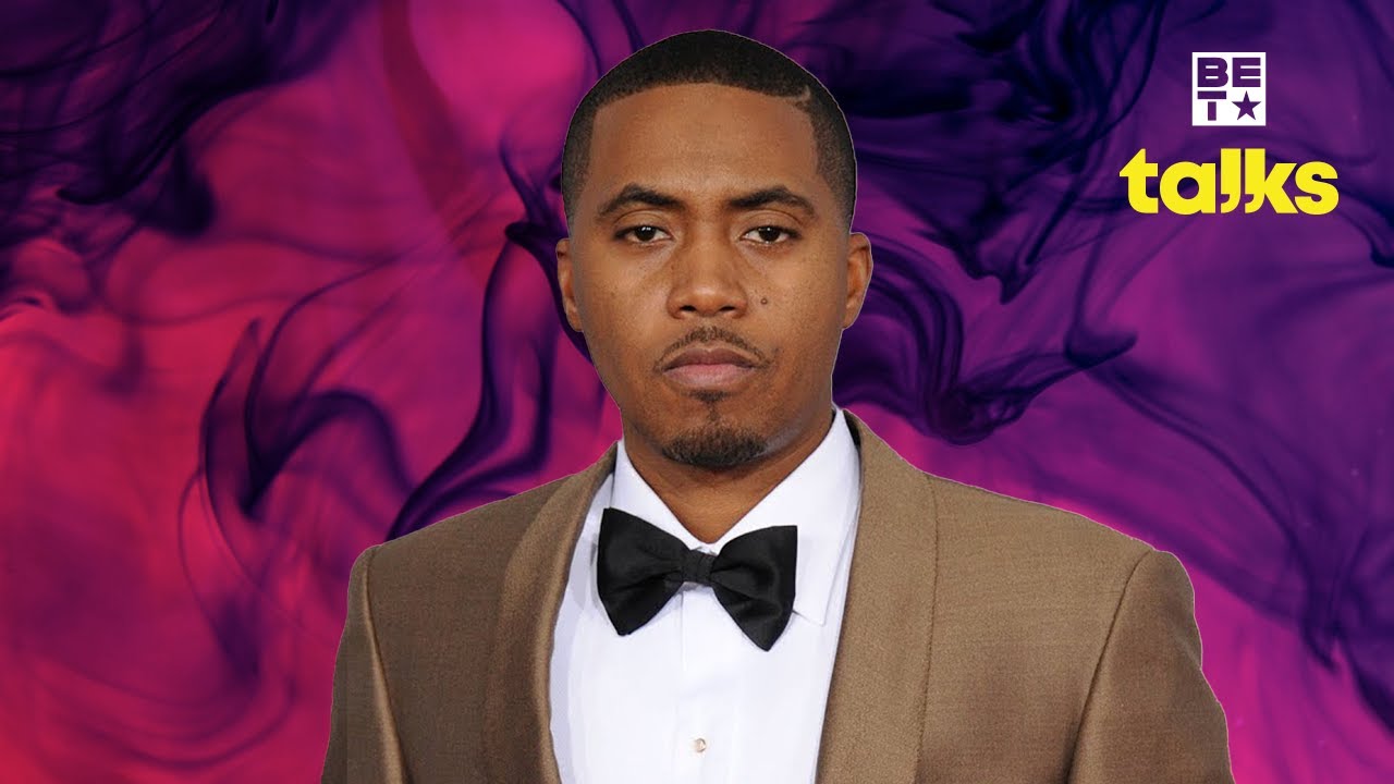 Official BET Talks thumbnail of Nas against a purple and pink background.