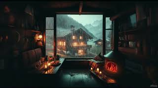 Cozy atmosphere and rain, fireplace sound