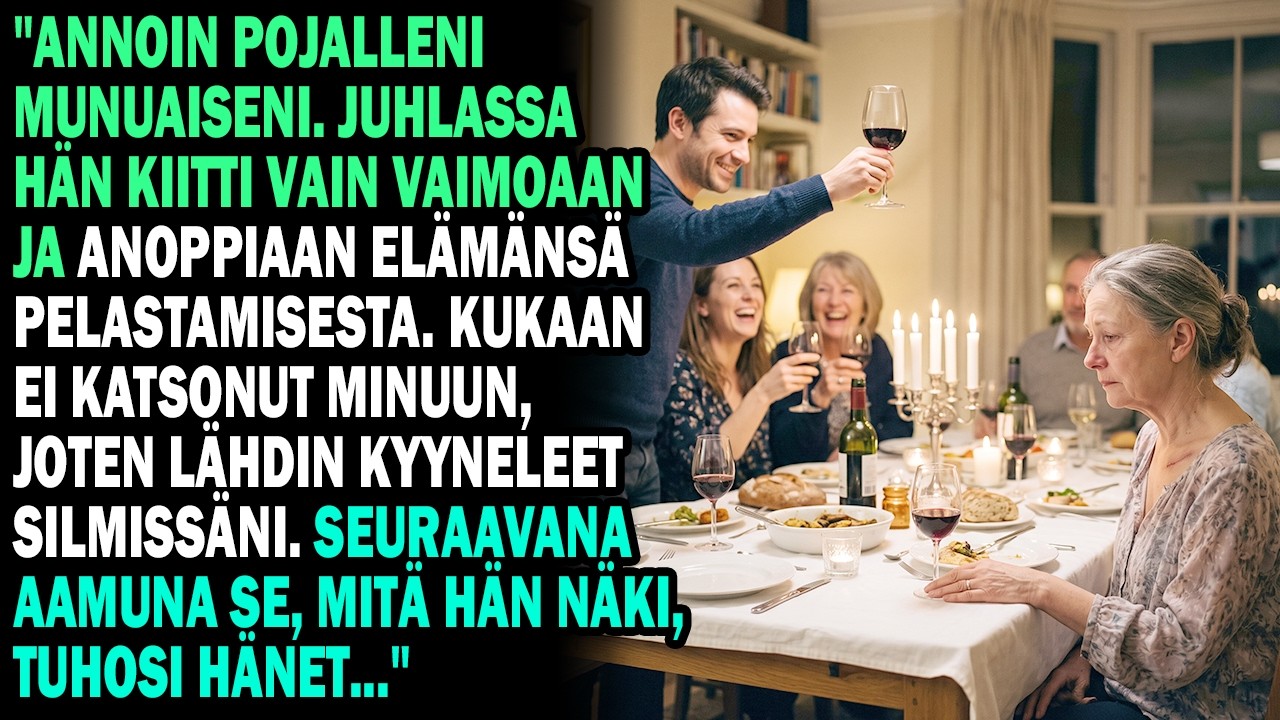 Tavallinen lauantaipäivällinen, kynttilät ja valkoiset pöytäliinat, ja sitten poikani nosti lasinsa ja kiitti vaimoaan ja anoppiaan siitä, että he pelastivat hänen henkensä. Kaksikymmentäviisi...