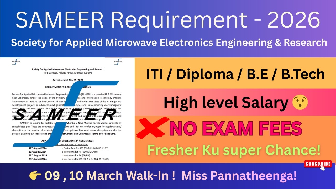 SAMEER Chennai Recruitment 2026 🔥 Walk-in | ₹37,500 Salary | BE/Diploma/ITI | Govt Job Tamil 💼