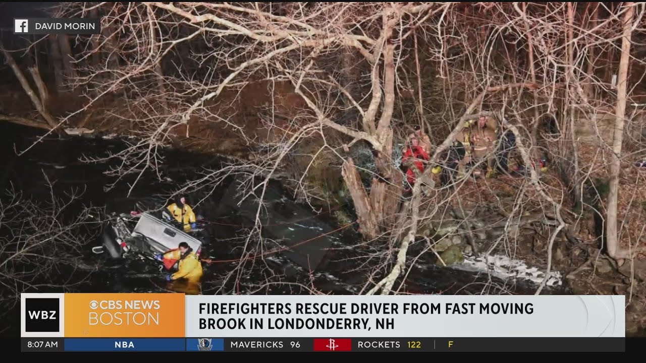 Driver rescued after truck plunges into brook in Londonderry, NH - YouTube
