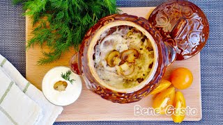 картинка: Драники (деруны) из картошки с грибами в горшочке – рецепт Bene Gusto