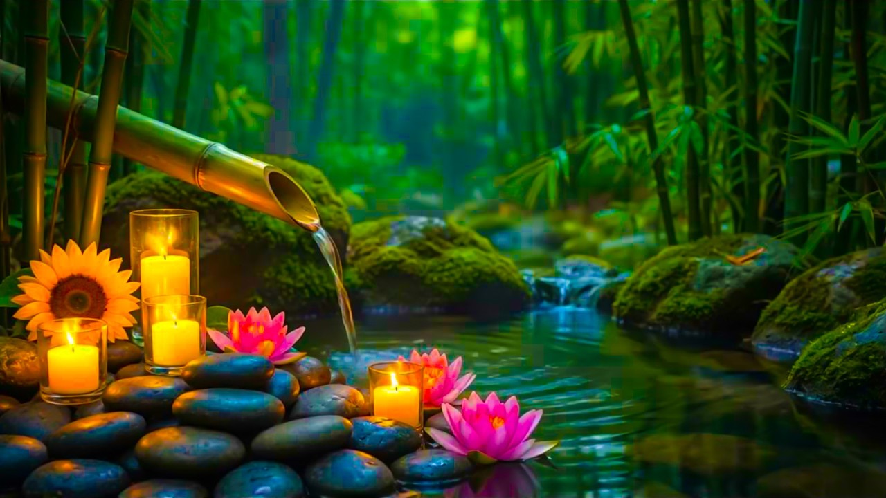 Bamboo Water Sounds + Healing Music 🌿 Meditation Music Relax Mind Body, Insomnia Relief, Calm Music
