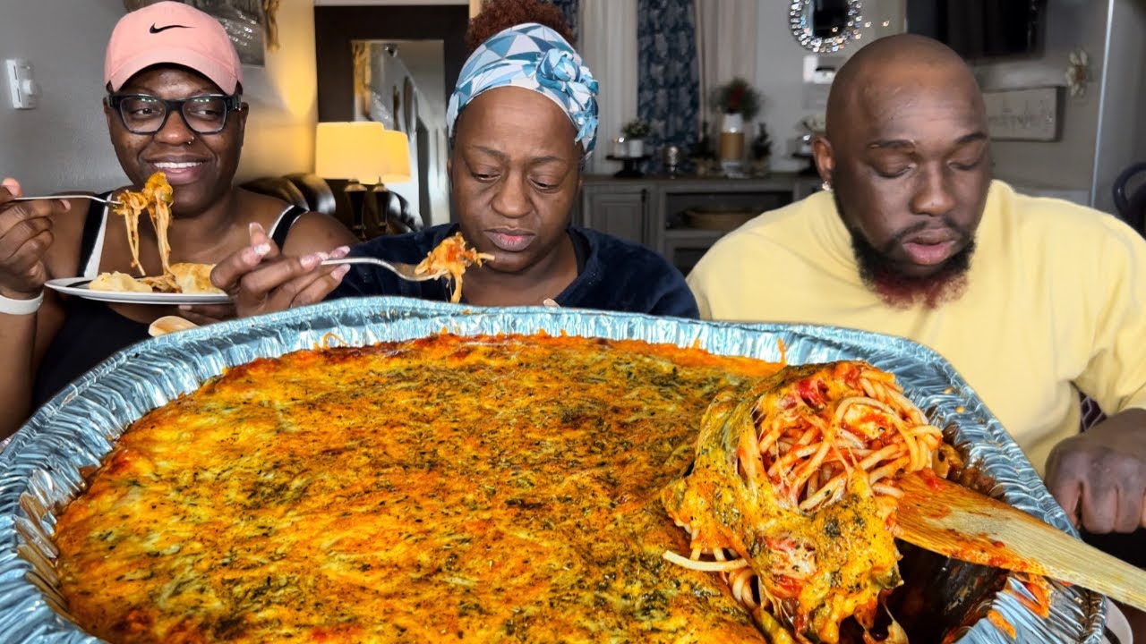 My Husband acts DIFFERENT around my MOM?! CHEESY BAKED CHICKEN SPAGHETTI| MUKBANG EATING SHOW!