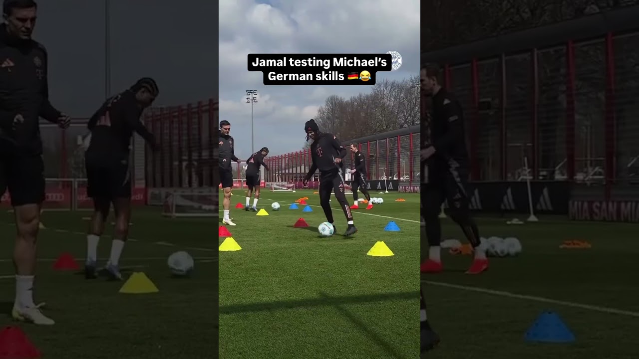 Jamal testing Michael's German skills during this decision-making drill with Bayern Munich 🧠🤣🇩🇪