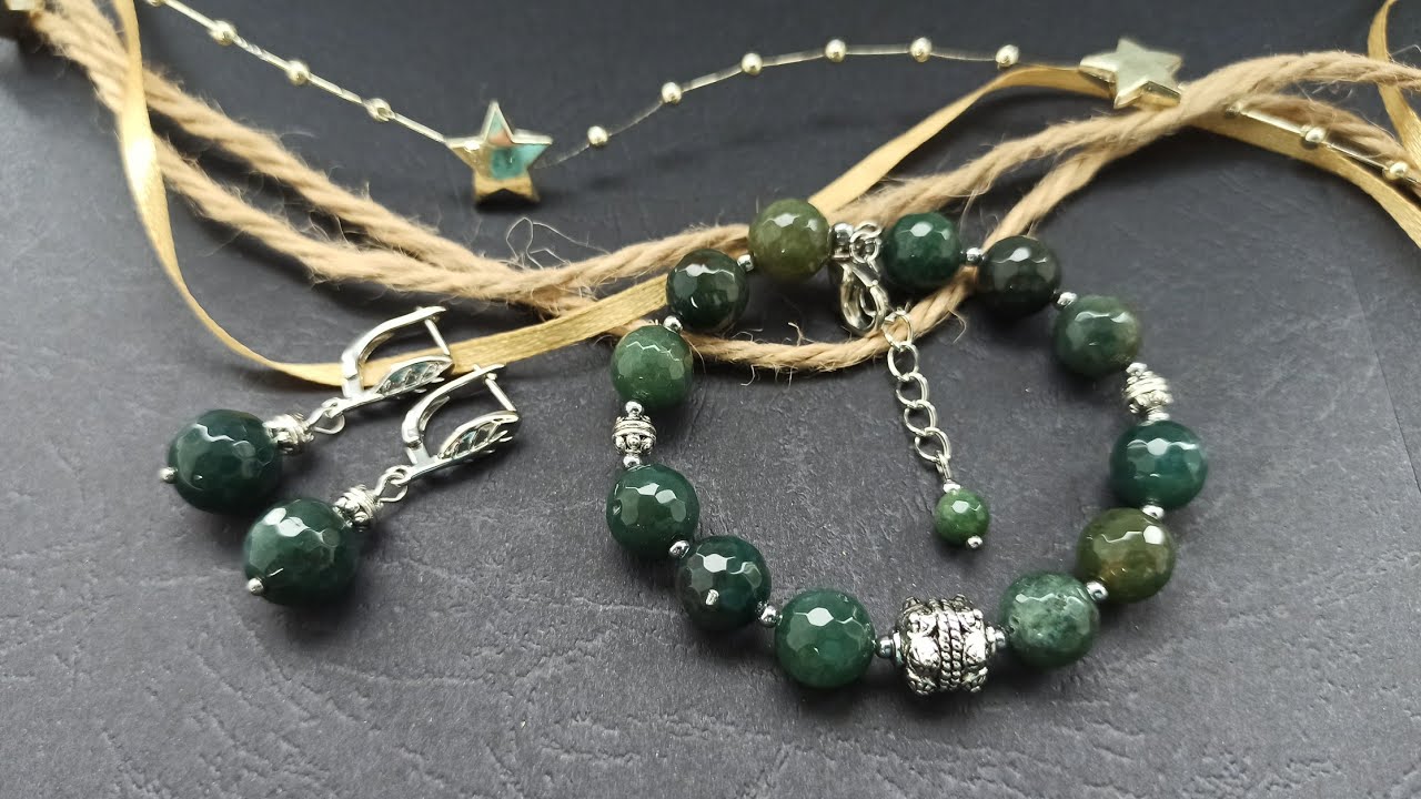 Моховой агат (браслет+серьги) - YouTube