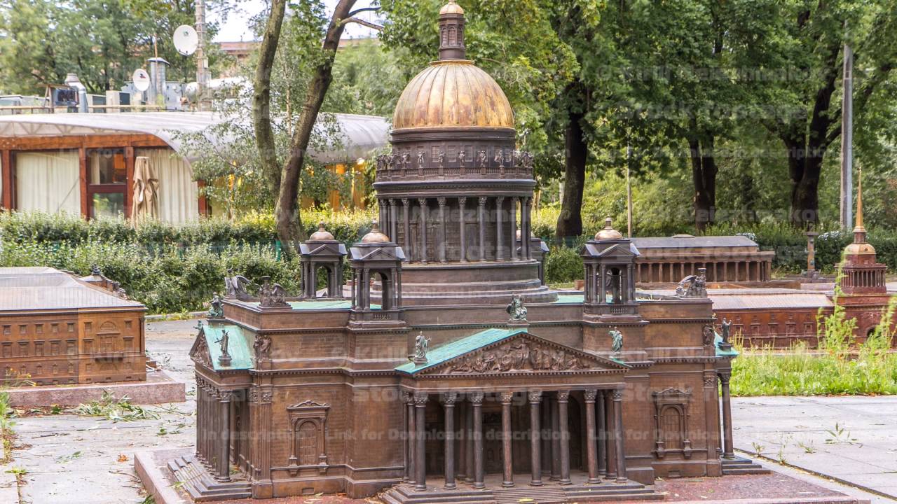 Mini City in the Alexander Park. Layout of St. Isaac's Cathedral timelapse hyperlapse, St