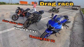 Yamaha R15 V4 vs R15 V3 vs KTM Duke 390 | Drag Race Showdown  Speed Test & Performance Review