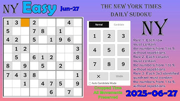 The New York Times Daily Sudoku 2025-06-27 Easy