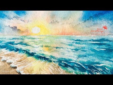 Cách vẽ bình minh trên biển bằng màu nước đơn giản / How to draw watercolor beach sunrise