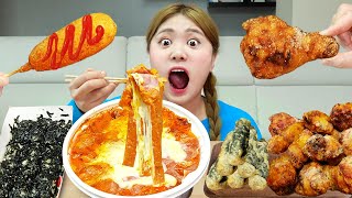 엽떡 로제떡볶이 먹방! SPICY Rose Sauce Tteokbokki MUKBANG 중국당면, 베이컨, 주먹밥, 핫도그, 버터꿀봉 하이유의 리얼먹방 | HIU 하이유