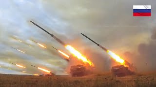 MASSIVE FIRE ‼️ Russian BM-27 Uragan-BM-21 Grad and Tornado MLRS Firing Destroyed Target
