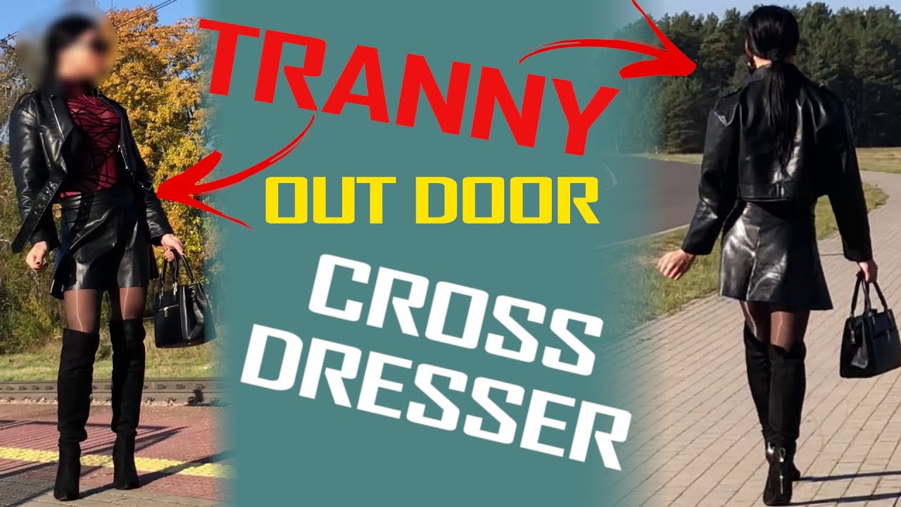 CROSSDRESSER ALEXANDRA AT THE RAIL STATION IN OVERKNEE BOOTS AND SUPER SHINY PANTYHOSE LEATHER SKIRT