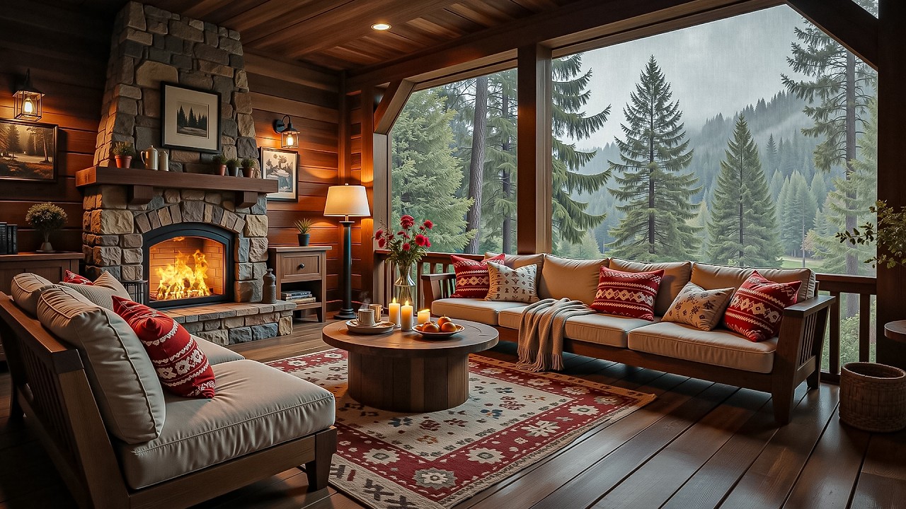 Rainy Day Cabin Jazz | Warm Fireplace, Forest Rain and a Peaceful Indoor Mood