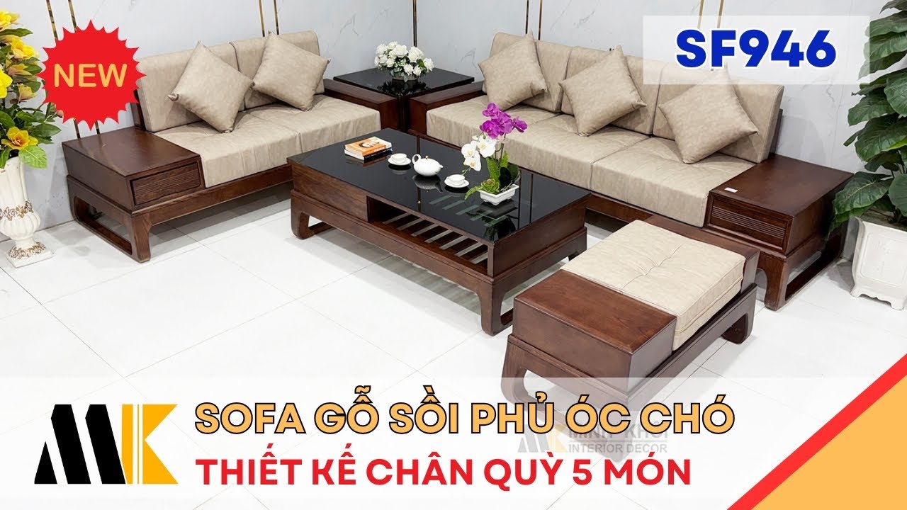 Sofa Gỗ Sồi Phủ Óc Chó 5 Món Nệm Da Hiện Đại - SF946 | Minh Khôi