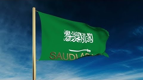 4K Saudi Arabia flag slider style with title. Waving in the wind with cloud background animation