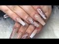 Long Nude And Rose Gold Acrylic Nails
