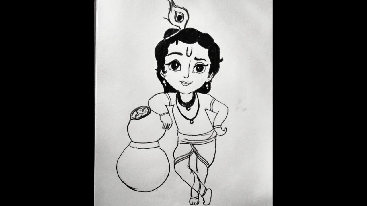 How to draw little Krishna with pencil, line art drawing of God Krishna  thakur on janmashtami - YouTube