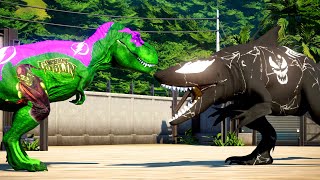 GREEN Tyrannosaurus rex vs King Megalodon Super hero Venom Dinosaurs fighting! Jurassic world EV1