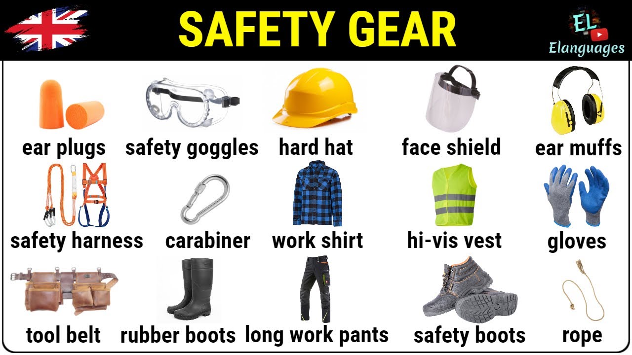 Safety gear, clothing, personal protective equipment PPE, protection  clothes in English vocabulary 