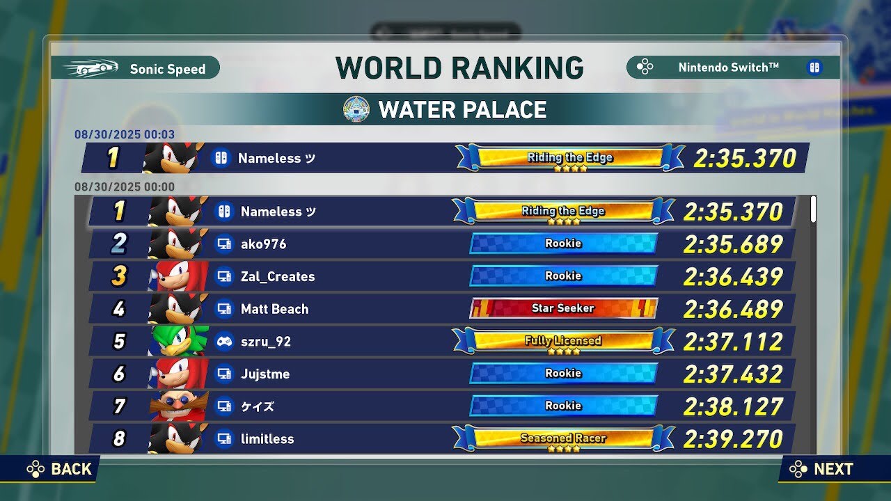 (Former WR) Sonic Racing Crossworlds: Water Palace speedrun in 2:35.370