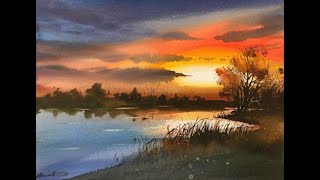 Beautiful nature watercolor painting with a sunset