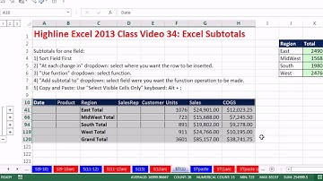 Highline Excel 2013 Class Video 34: Excel Subtotals, Add Subtotals based on One or Two Columns