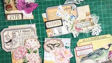 Working on  more mini snippet clusters made from master board collage roll :Embellishments