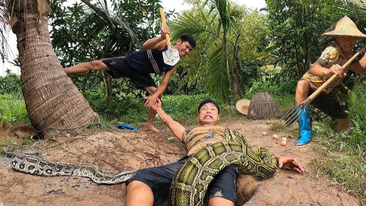 A young man was attacked by a giant python while using a chicken as a big fishing bait.