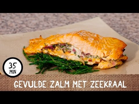 Gevulde zalm met zeekraal en mierikswortelroom