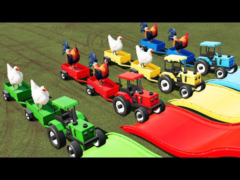 TOY TRACTOR & TRAILER vs SLIDE COLORS with PORTAL TRAP - MEGA CHICKEN vs HIGH GARAGE!! FS22