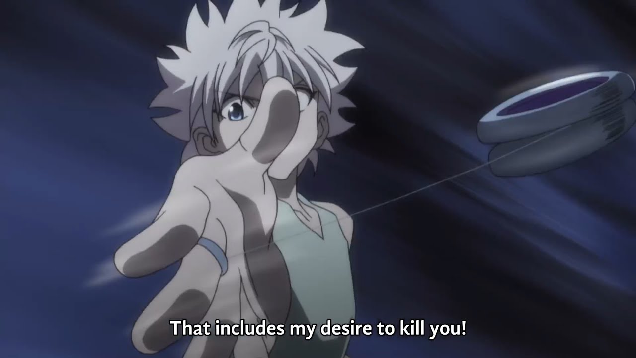 Palm activates Black Widow to break Killua's Yoyos, Killua cries in